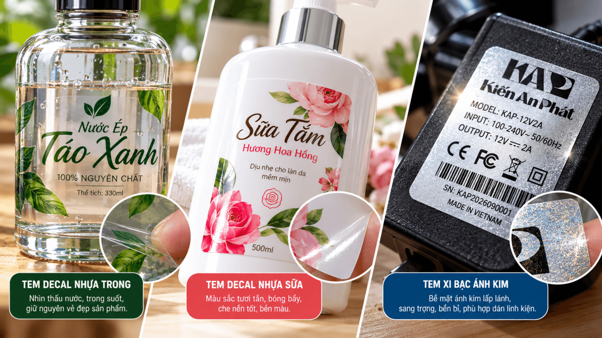 Các chất liệu in tem decal dán sản phẩm: decal nhựa trong, nhựa sữa, decal xi bạc cao cấp