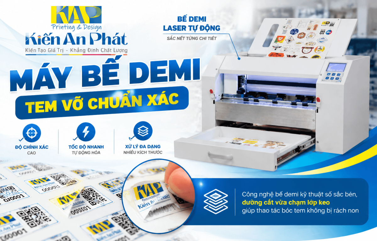 Hệ thống máy bế demi laser tự động cắt viền tem bảo hành siêu nhỏ sắc nét tại xưởng In Kiến An Phát
