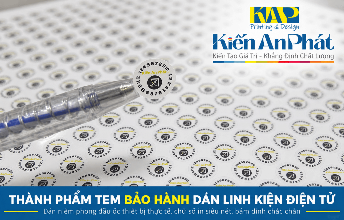 Thành phẩm tem bảo hành decal vỡ bế tròn dán niêm phong ốc vít điện tử thực tế của khách hàng tại Kiến An Phát
