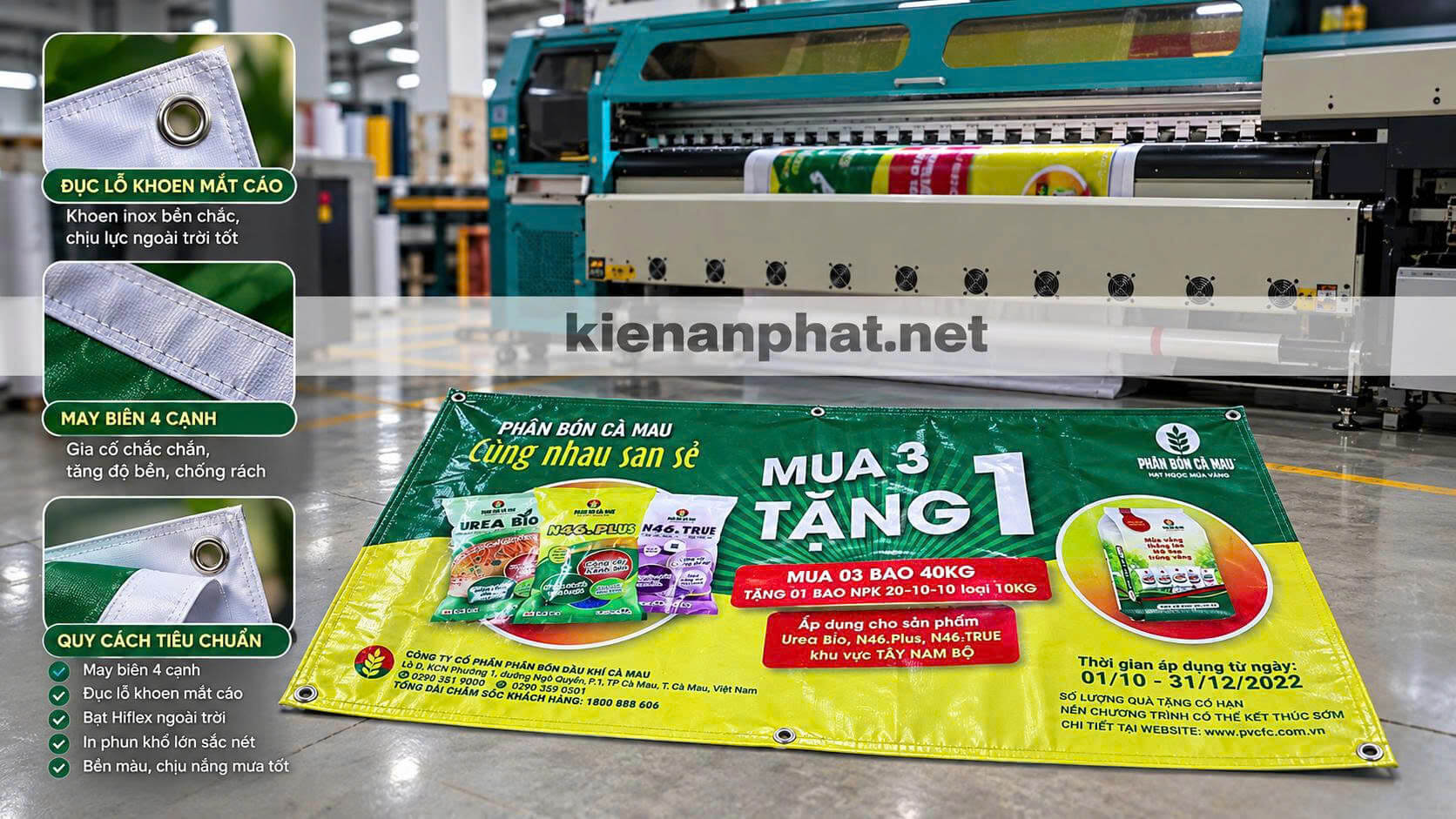Quy cách gia công dán mép xỏ cây 2 đầu và đục lỗ khoen mắt cáo cho băng rôn
