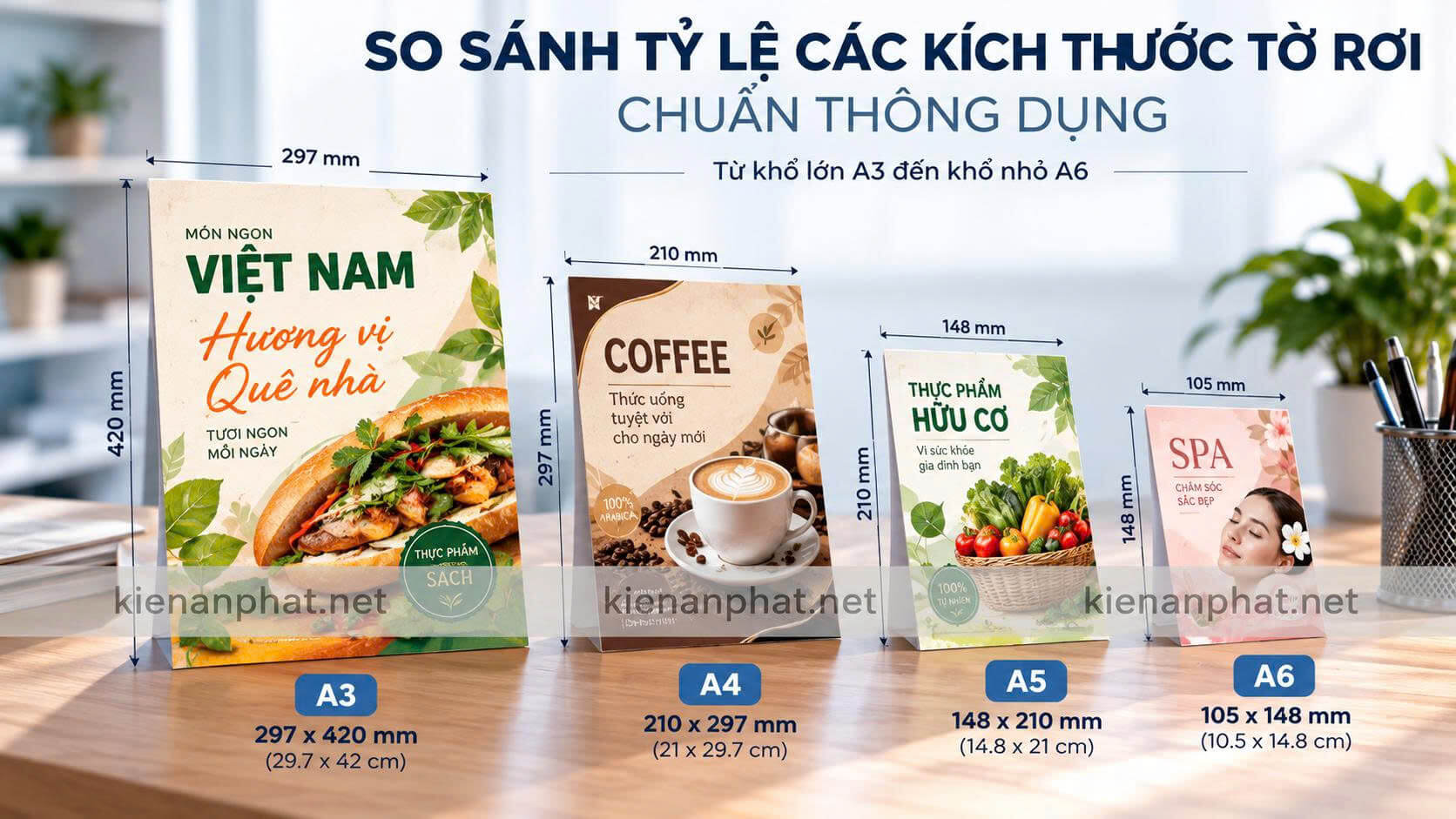 Bảng trực quan so sánh tỷ lệ các kích thước tờ rơi chuẩn thông dụng từ khổ lớn A3 đến khổ nhỏ A6
