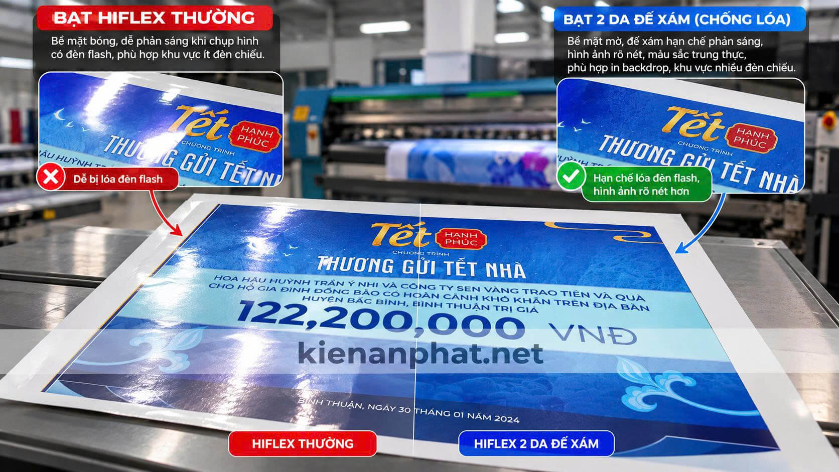 So sánh bạt Hiflex thường và bạt 2 da đế xám chống lóa đèn flash khi in backdrop