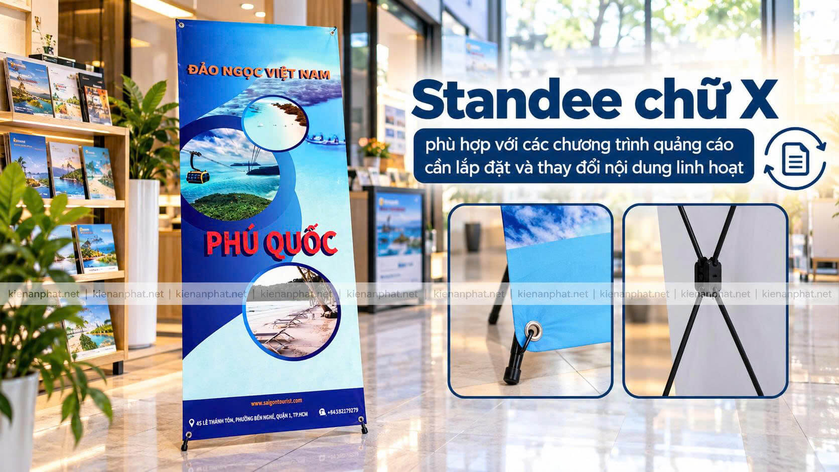 Standee chữ X quảng cáo trưng bày tại cửa hàng