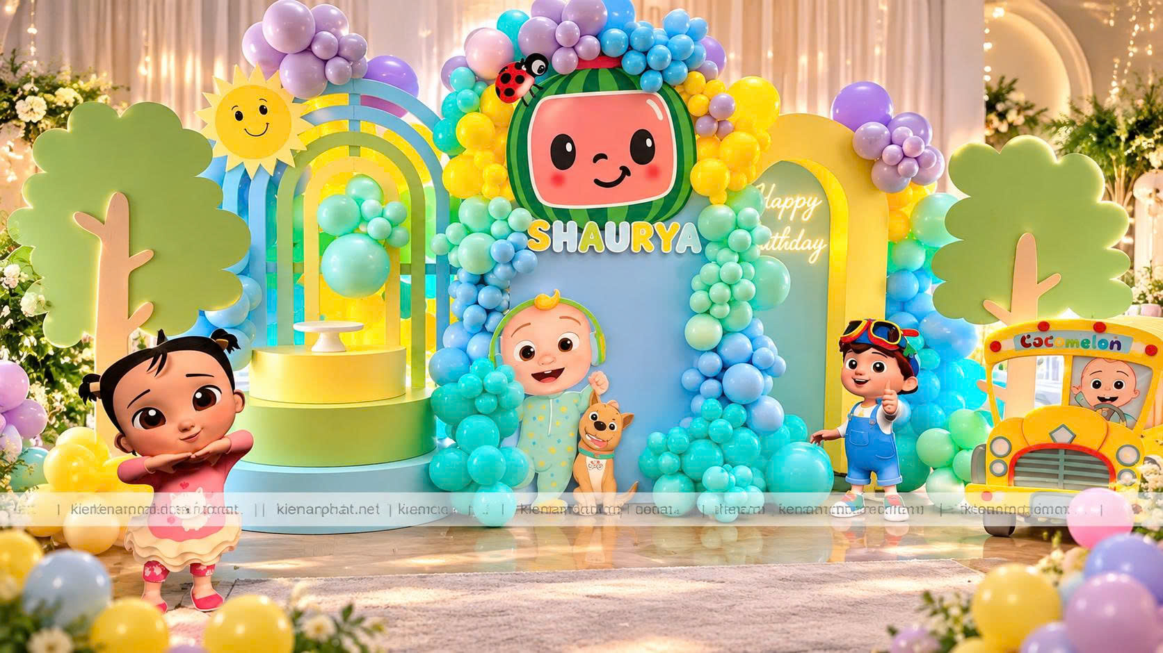 Mẫu backdrop sinh nhật cho bé theo chủ đề hoạt hình nhiều màu sắc