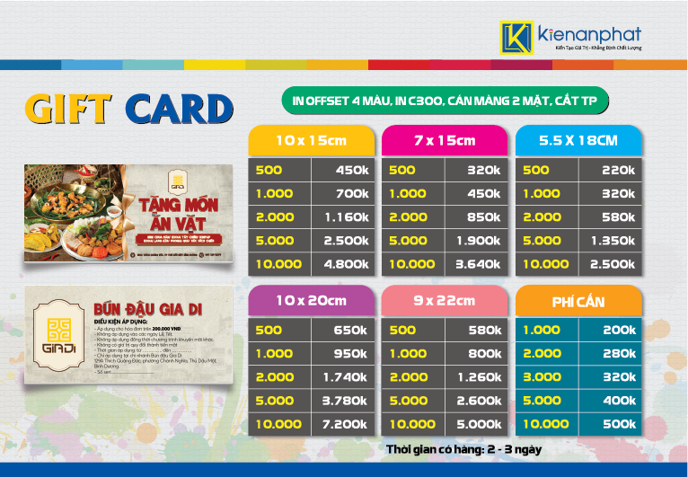 Giá dịch vụ in gift card và gift voucher tại Kiến An Phát