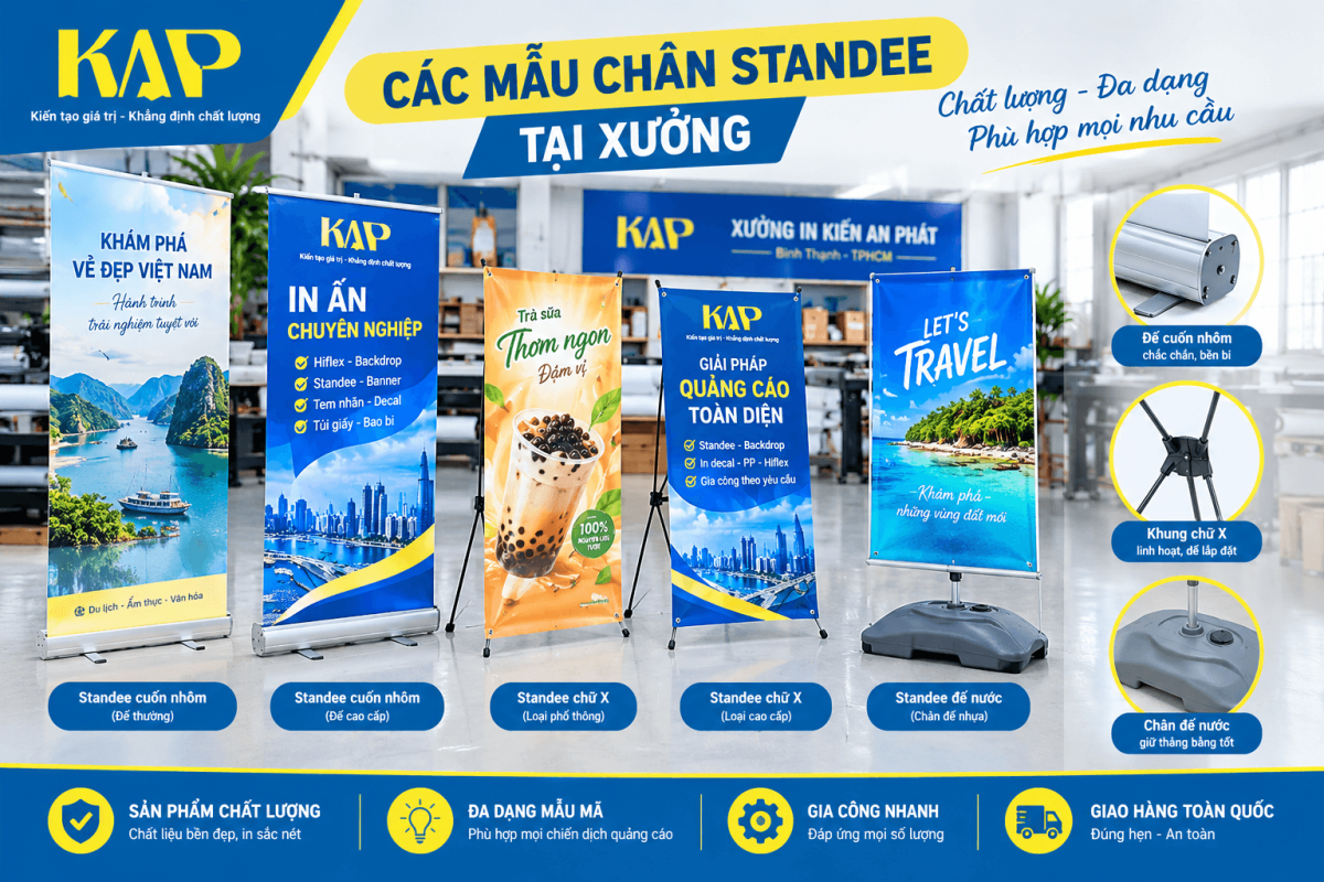 Các loại chân standee cuốn nhôm và standee chữ X cường lực có sẵn tại xưởng In Kiến An Phát