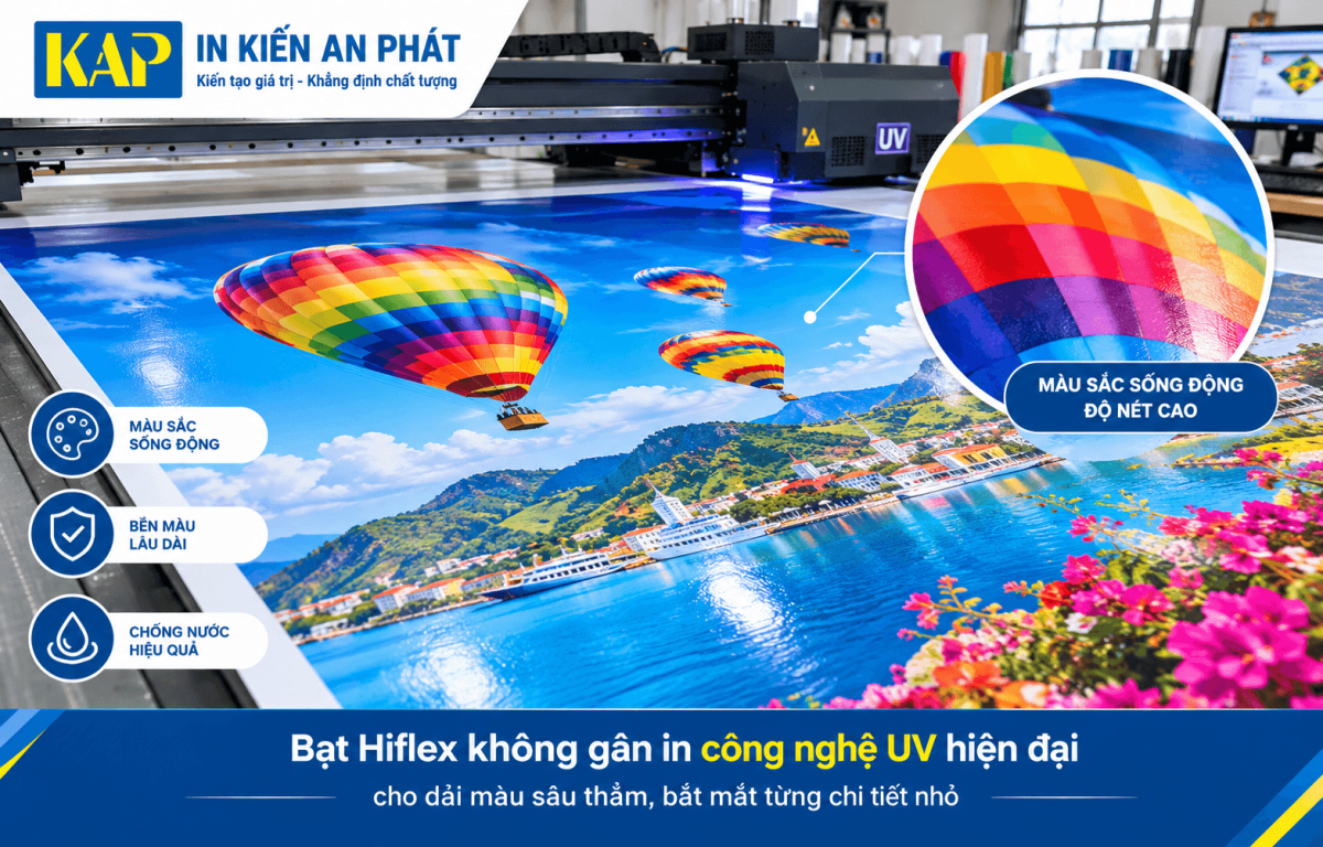 Thành phẩm in UV trên bạt hiflex không gân màu sắc sống động tại xưởng in Kiến An Phát