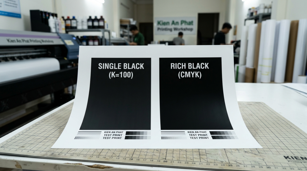 Mẫu in test màu đen sâu Rich Black sắc nét tại xưởng In Kiến An Phát