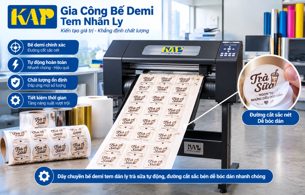 Máy bế demi tem nhãn dán ly trà sữa theo hình tròn sắc nét tại xưởng Kiến An Phát