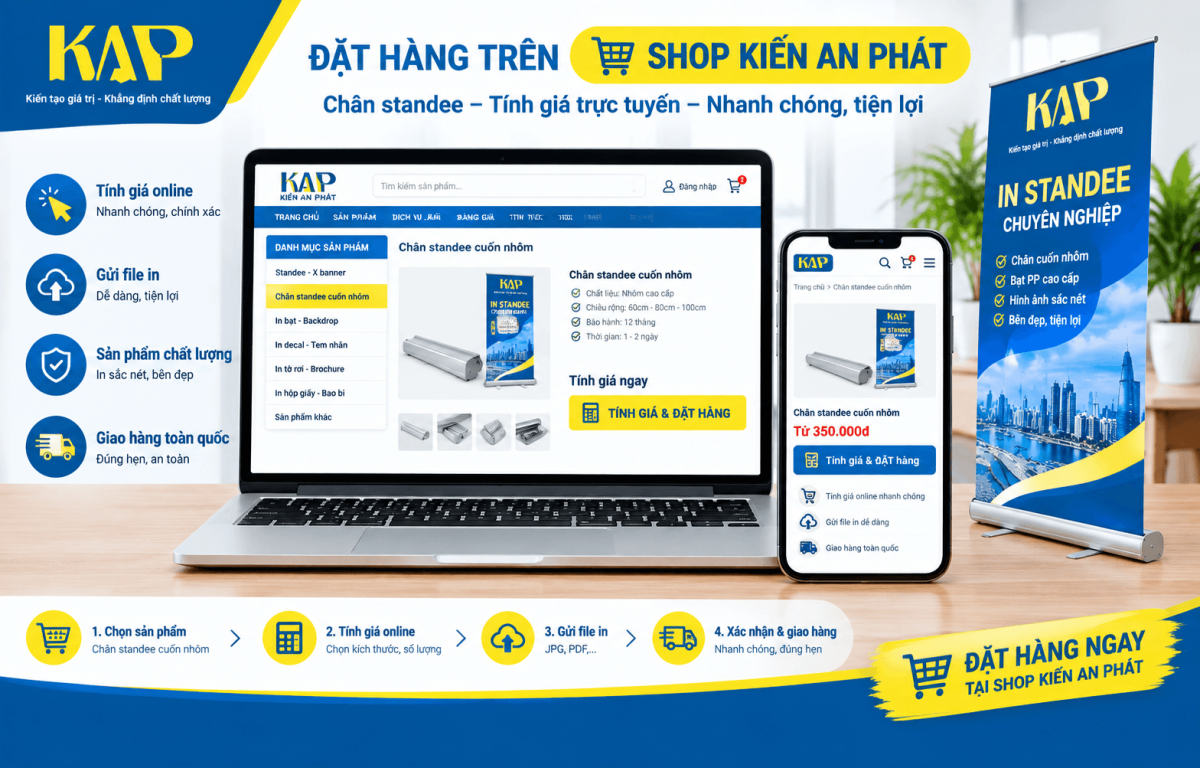 Giao diện đặt mua chân standee và tính giá trực tuyến tại danh mục Shop website kienanphat.net