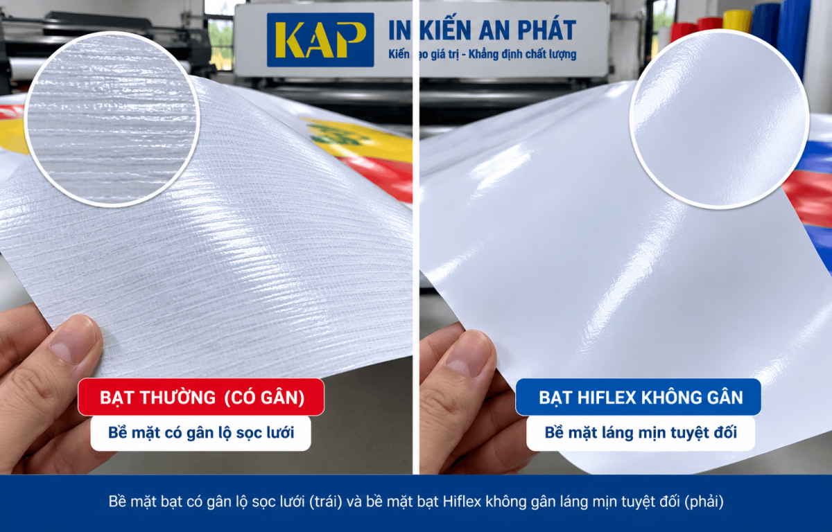 So sánh cận cảnh bề mặt bạt hiflex không gân láng mịn và bạt thường có gân sọc tại xưởng In Kiến An Phát