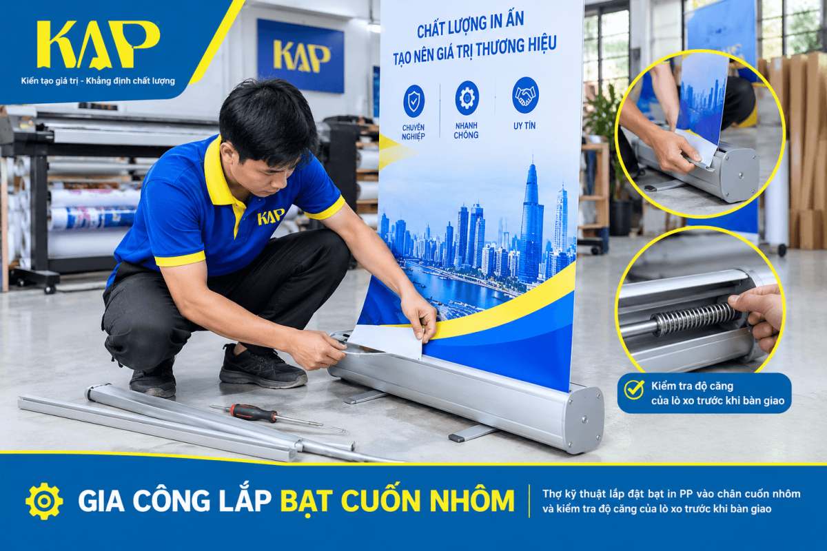 Kỹ thuật viên xưởng Kiến An Phát đang gia công lắp bạt PP vào chân standee cuốn nhôm