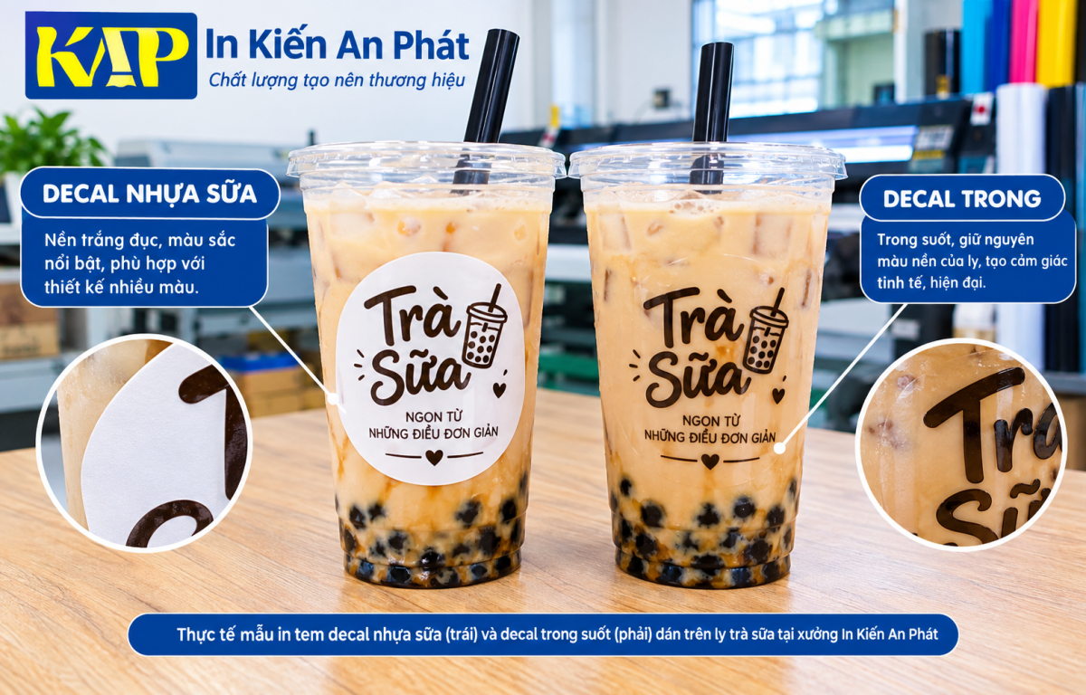 So sánh tem dán ly trà sữa decal nhựa sữa và decal trong thực tế tại xưởng In Kiến An Phát