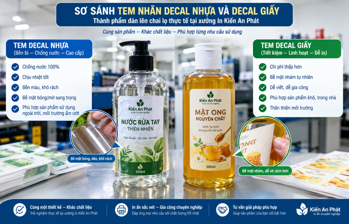 So sánh tem nhãn decal nhựa và decal giấy thành phẩm tại xưởng In Kiến An Phát