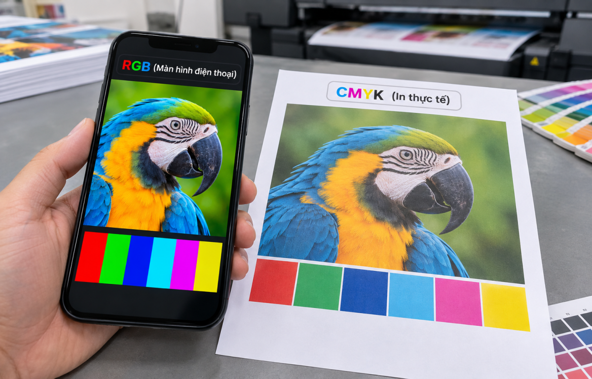 So sánh độ lệch màu giữa hệ RGB trên màn hình và màu in CMYK thực tế