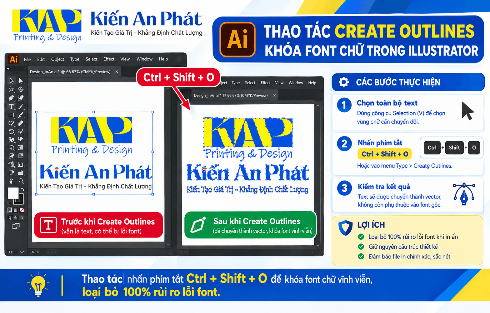 Thao tác khóa phông chữ Create Outlines biến text thành vector trong Illustrator trước khi xuất file in