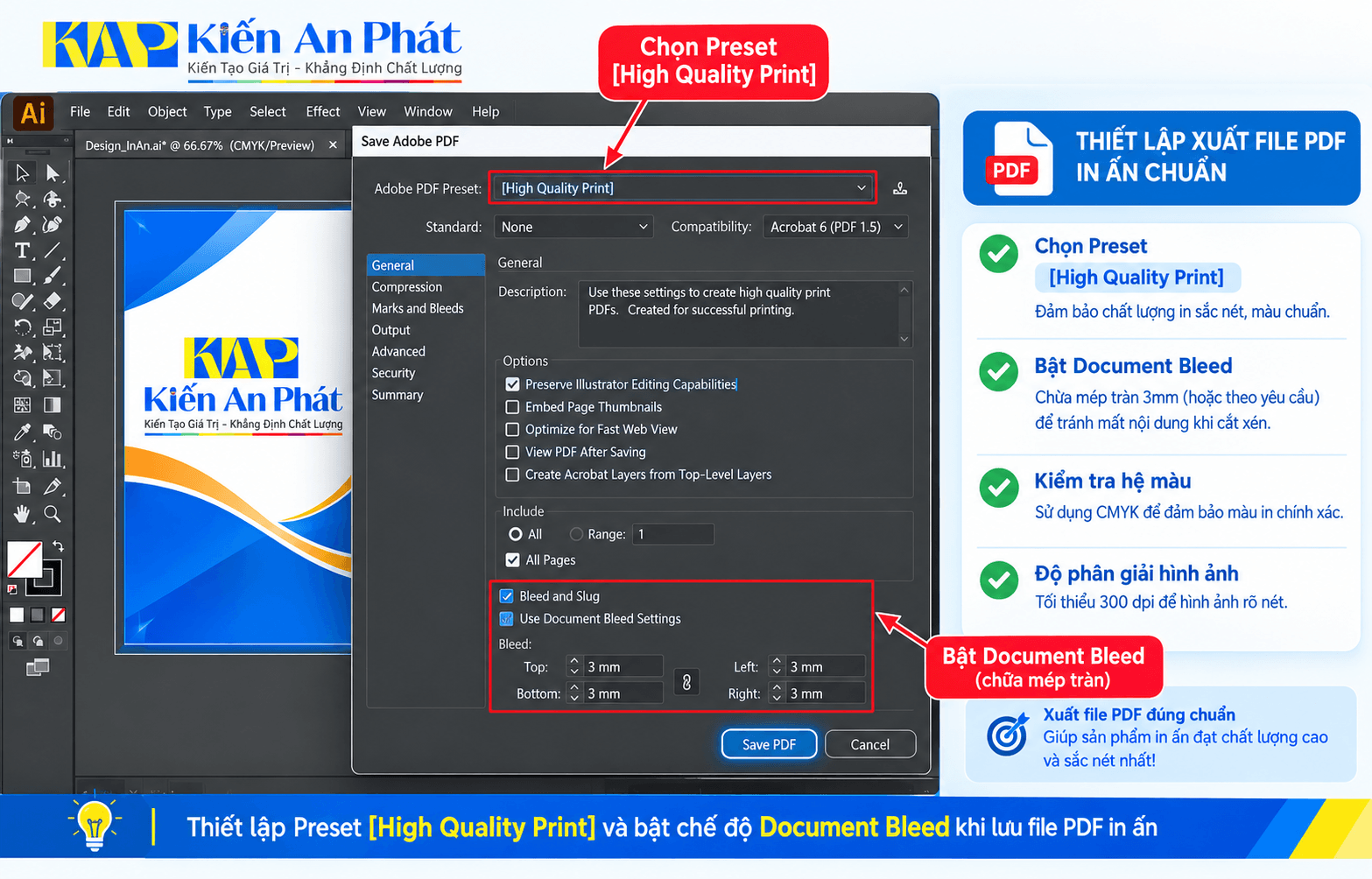 Cửa sổ thiết lập thông số xuất file PDF chuẩn in ấn chất lượng cao trong Adobe Illustrator
