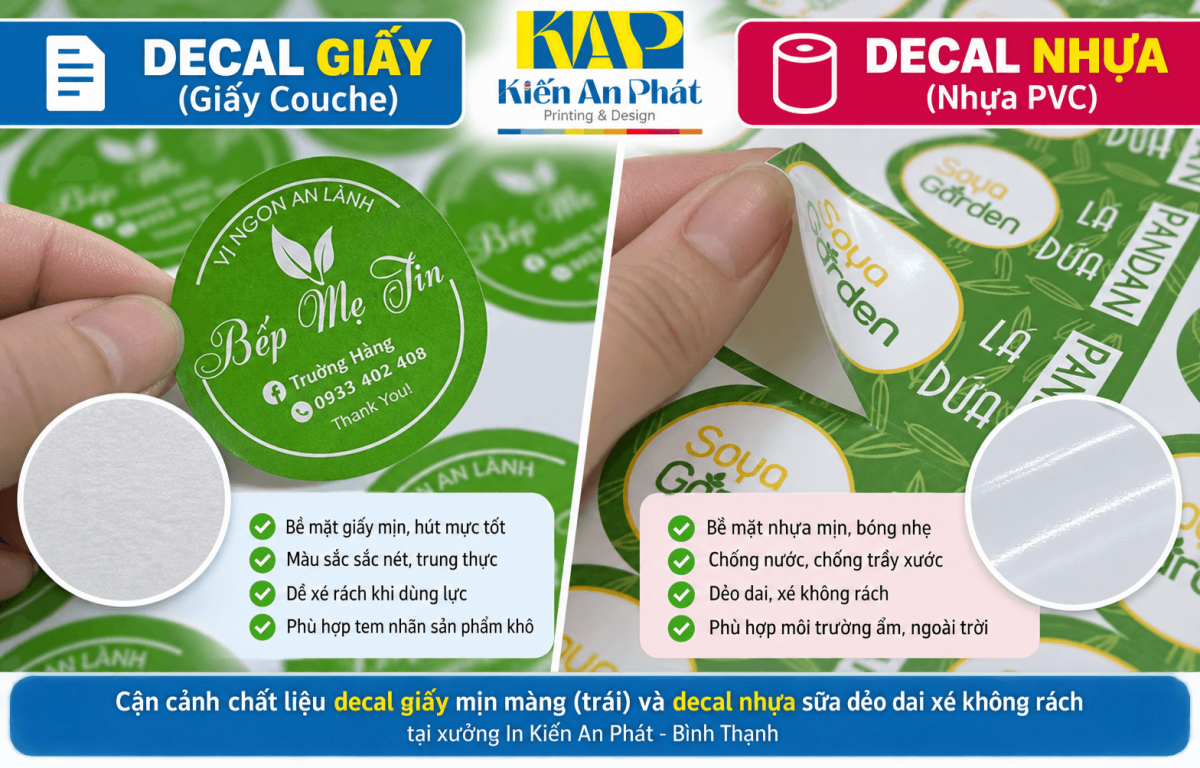So sánh cấu tạo bề mặt và độ dẻo dai xé rách giữa tem decal giấy và decal nhựa PVC tại xưởng In Kiến An Phát