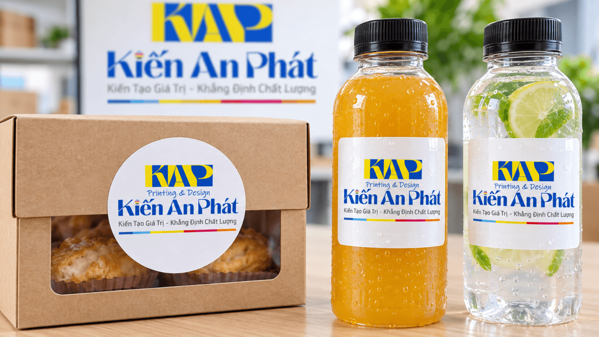 Thành phẩm tem decal giấy dán hộp bánh và tem decal nhựa dán chai nước thực tế tại Kiến An Phát