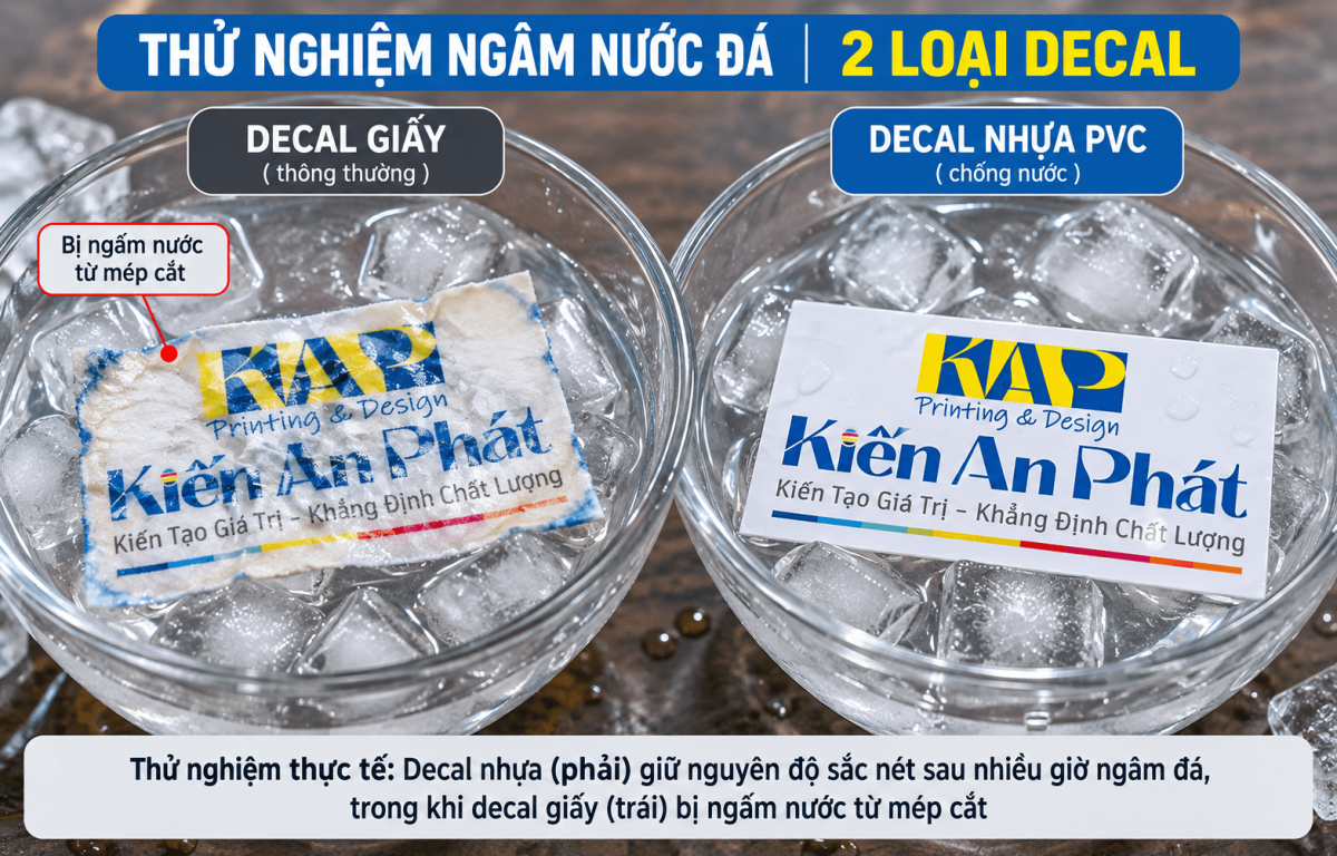 Thử nghiệm ngâm nước đá thực tế giữa tem decal giấy bị ngấm nước và decal nhựa PVC nguyên vẹn